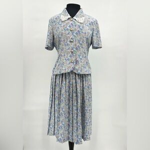 Leslie Fay Vintage Grandma Golden Girls 90s Top Blouse Skirt Set Floral 8 Petite